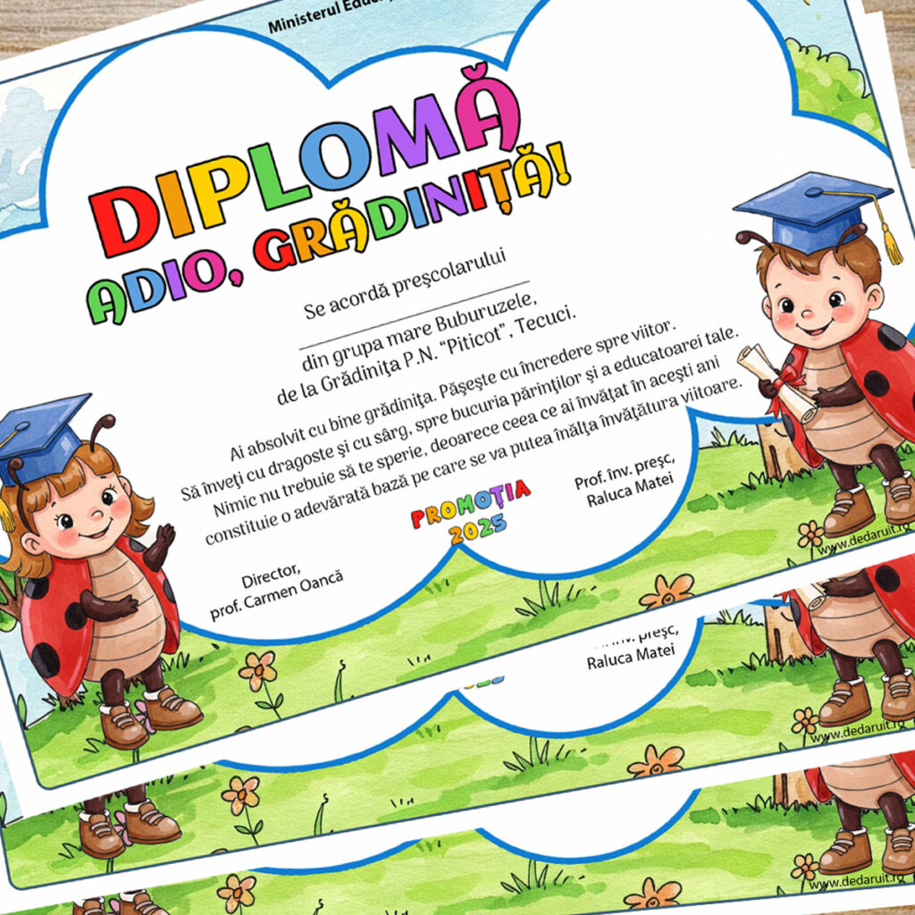 Diplomă de absolvire personalizată pentru Grupa Buburuzelor, design vesel cu ilustrații colorate pentru copii și grădiniță.