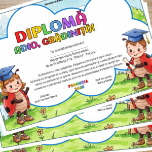 Diplomă de absolvire personalizată pentru Grupa Buburuzelor, design vesel cu ilustrații colorate pentru copii și grădiniță.