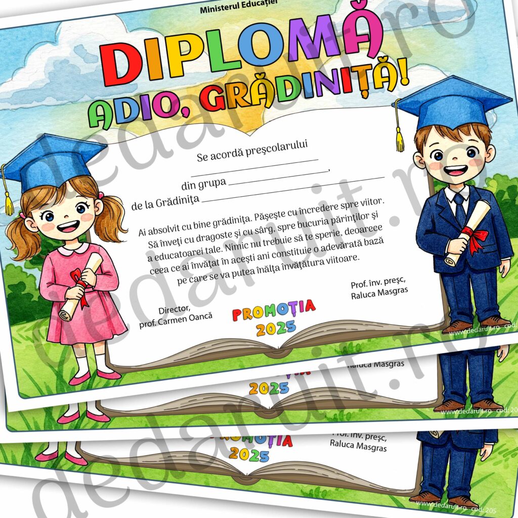Diplomă de absolvire personalizată cu mesajul Adio, Grădiniță!, design festiv cu elemente școlare colorate pentru finalul grădiniței.