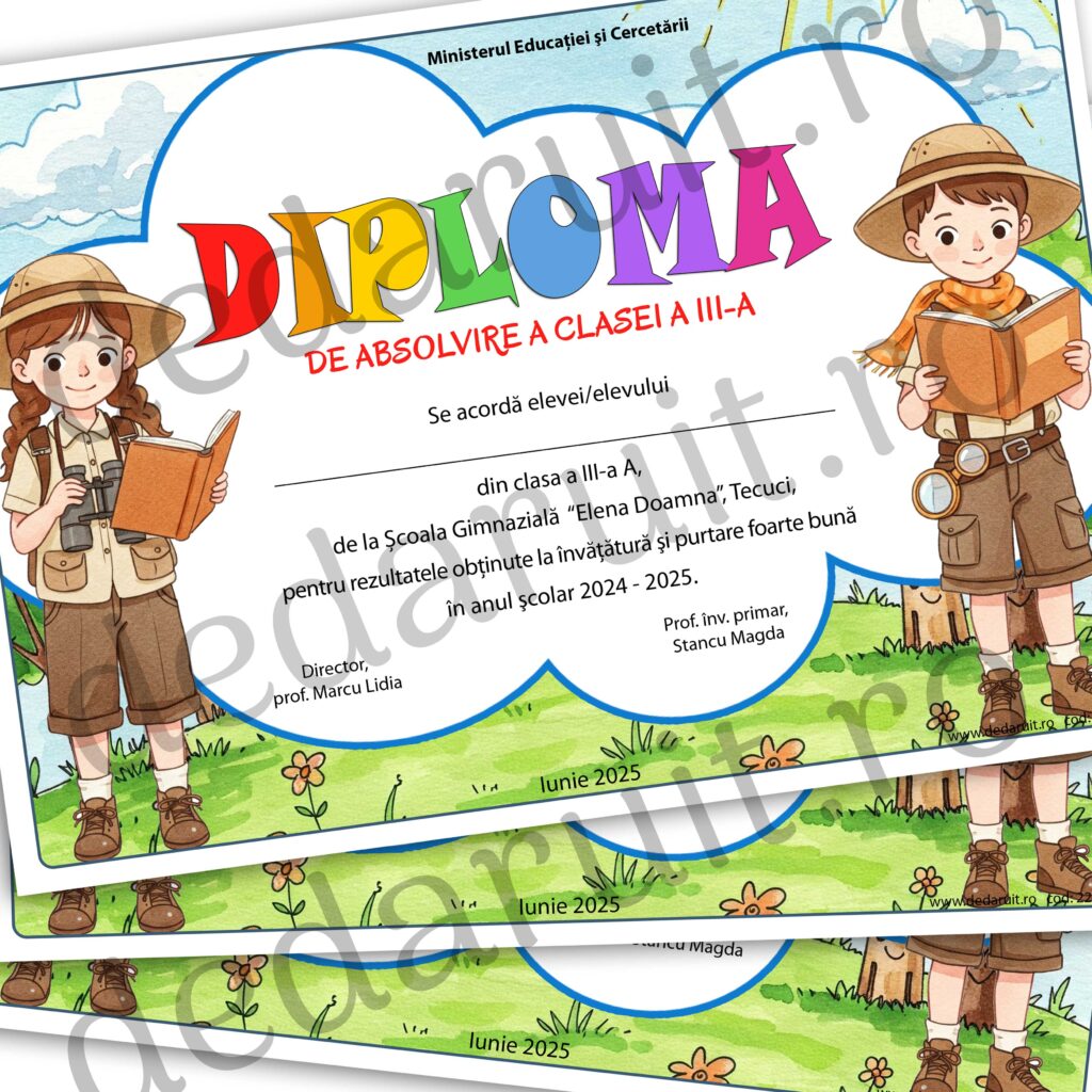 Diplomă școlară personalizată pentru Clasa Cercetașilor, design tematic cu ilustrații de aventură pentru absolvire sau premiere elevi.