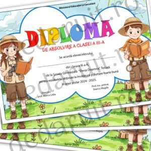 Diplomă școlară personalizată pentru Clasa Cercetașilor, design tematic cu ilustrații de aventură pentru absolvire sau premiere elevi.