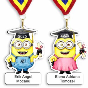 Medalie personalizată Minioni cu nume pentru copii, cadou ideal pentru premiere școlare și grădiniță, design vesel colorat