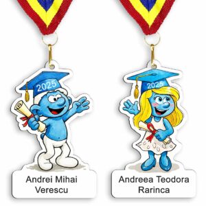 Medalie personalizată Ștrumfi cu nume pentru copii, cadou premiere școală și grădiniță Dedaruit