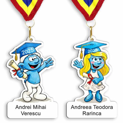 Medalie personalizată Ștrumfi cu nume pentru copii, cadou premiere școală și grădiniță Dedaruit