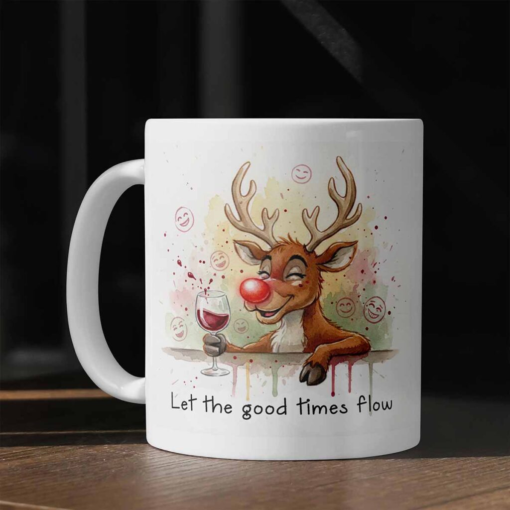 Cană amuzantă de Crăciun cu ren și mesaj „Let the good times flow”, cadou haios și festiv pentru prieteni, familie sau colegi
