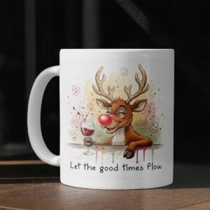 Cană amuzantă de Crăciun cu ren și mesaj „Let the good times flow”, cadou haios și festiv pentru prieteni, familie sau colegi