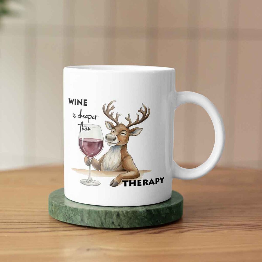 Cană de Crăciun cu ren și mesaj amuzant „Wine is cheaper than therapy”, cadou personalizat și haios