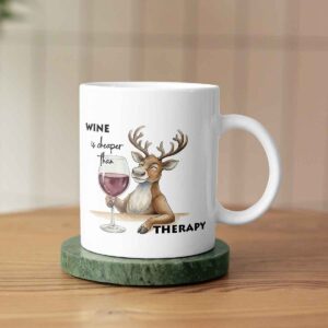 Cană de Crăciun cu ren și mesaj amuzant „Wine is cheaper than therapy”, cadou personalizat și haios