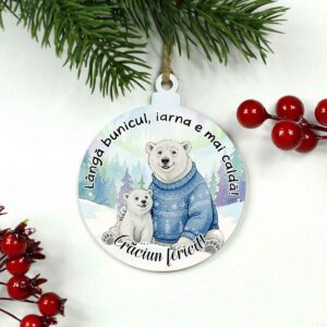Glob din lemn personalizat cu urs polar pentru Bunic – cadou de Crăciun