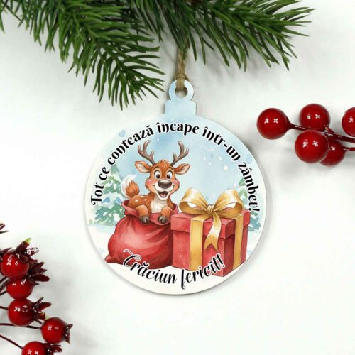 glob lemn personalizat cu ren si mesaj