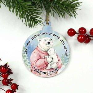 Glob din lemn personalizat cu urs polar pentru Mama, cadou de Crăciun