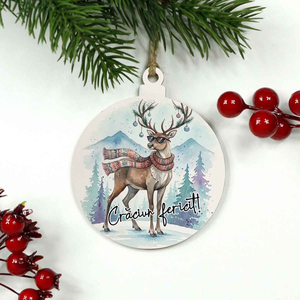 glob din lemn personalizat cu ren fashion, ornament de Crăciun cu mesaj gravat, cadou vesel și modern
