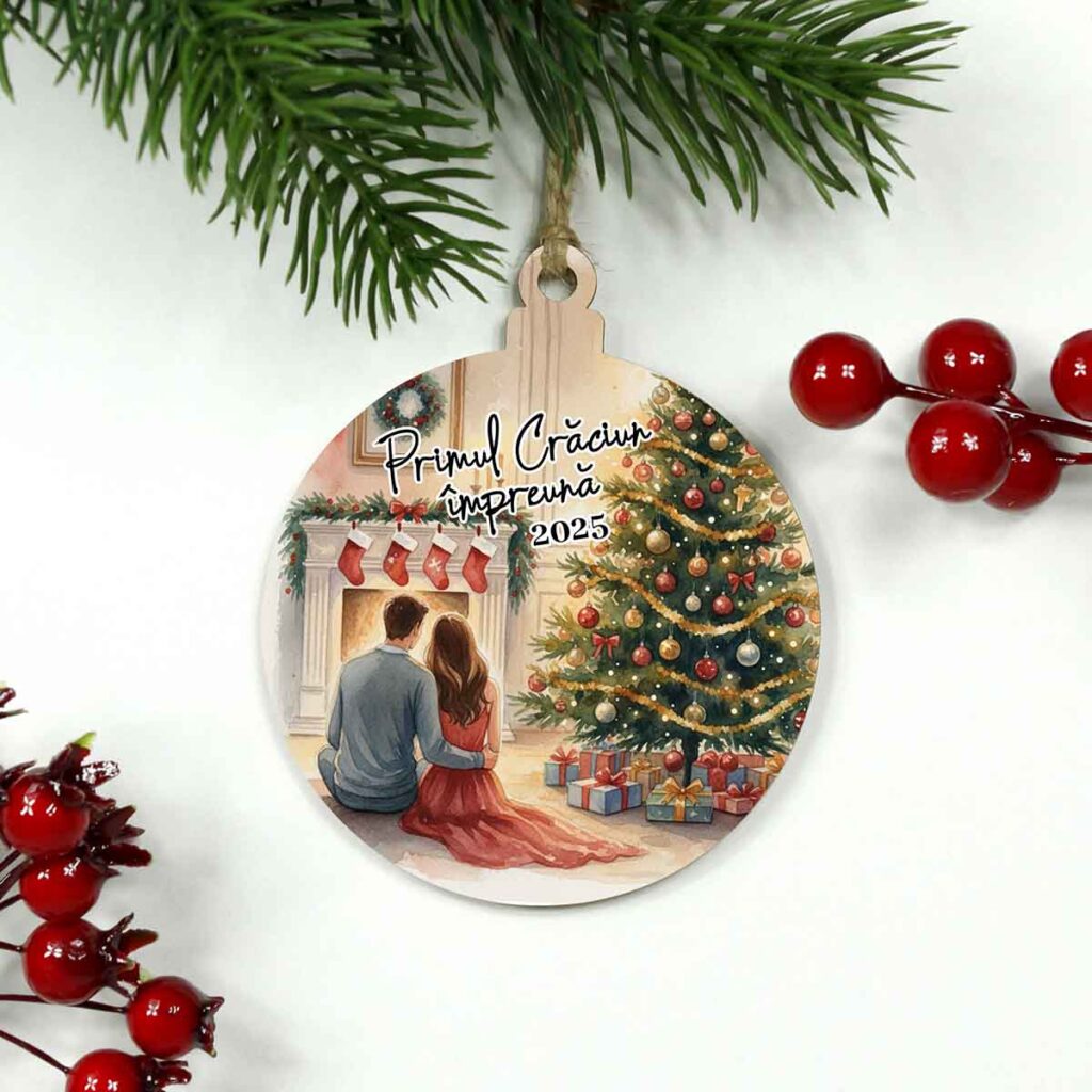 glob din lemn personalizat cu mesaj „Primul Crăciun împreună”, personalizat UV, cadou de Crăciun