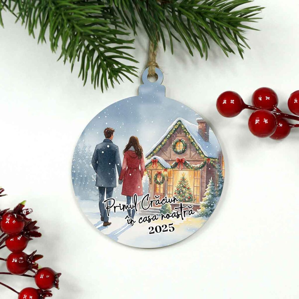 glob din lemn personalizat cu mesaj „Primul Crăciun în casa noastră”, personalizat UV, cadou de Crăciun