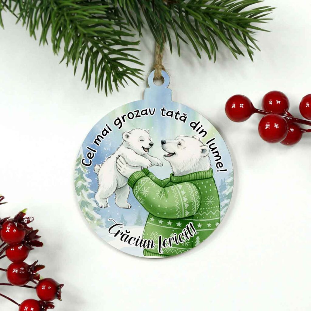 Glob din lemn personalizat cu urs polar pentru Tata – cadou de Crăciun
