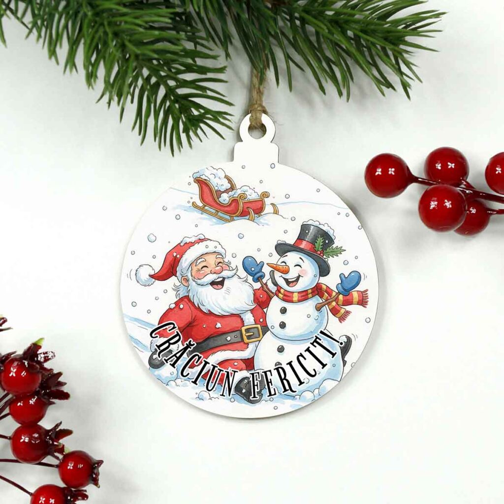 glob din lemn personalizat cu Om de Zăpadă și Moș Crăciun, ornament de Crăciun cu mesaj gravat, cadou festiv și vesel