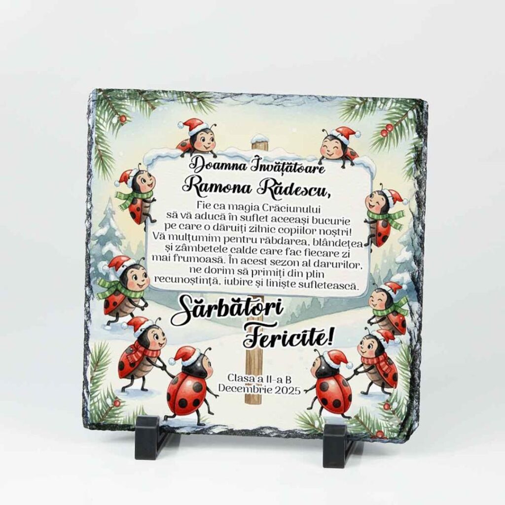 Placă de ardezie personalizată pentru învățătoare – Clasa Buburuzelor, cadou de Crăciun elegant și memorabil.