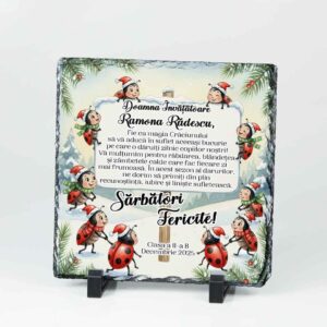 Placă de ardezie personalizată pentru învățătoare – Clasa Buburuzelor, cadou de Crăciun elegant și memorabil.