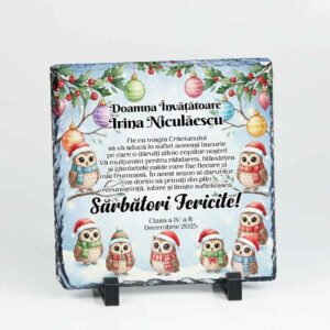 Placă de ardezie personalizată pentru învățătoare – Clasa Bufnițelor, cadou de Crăciun memorabil și elegant