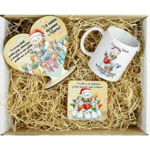 set cadou Crăciun personalizat pentru Doamna Bucătăreasă cu oameni de zăpadă – cană, suport și inimă