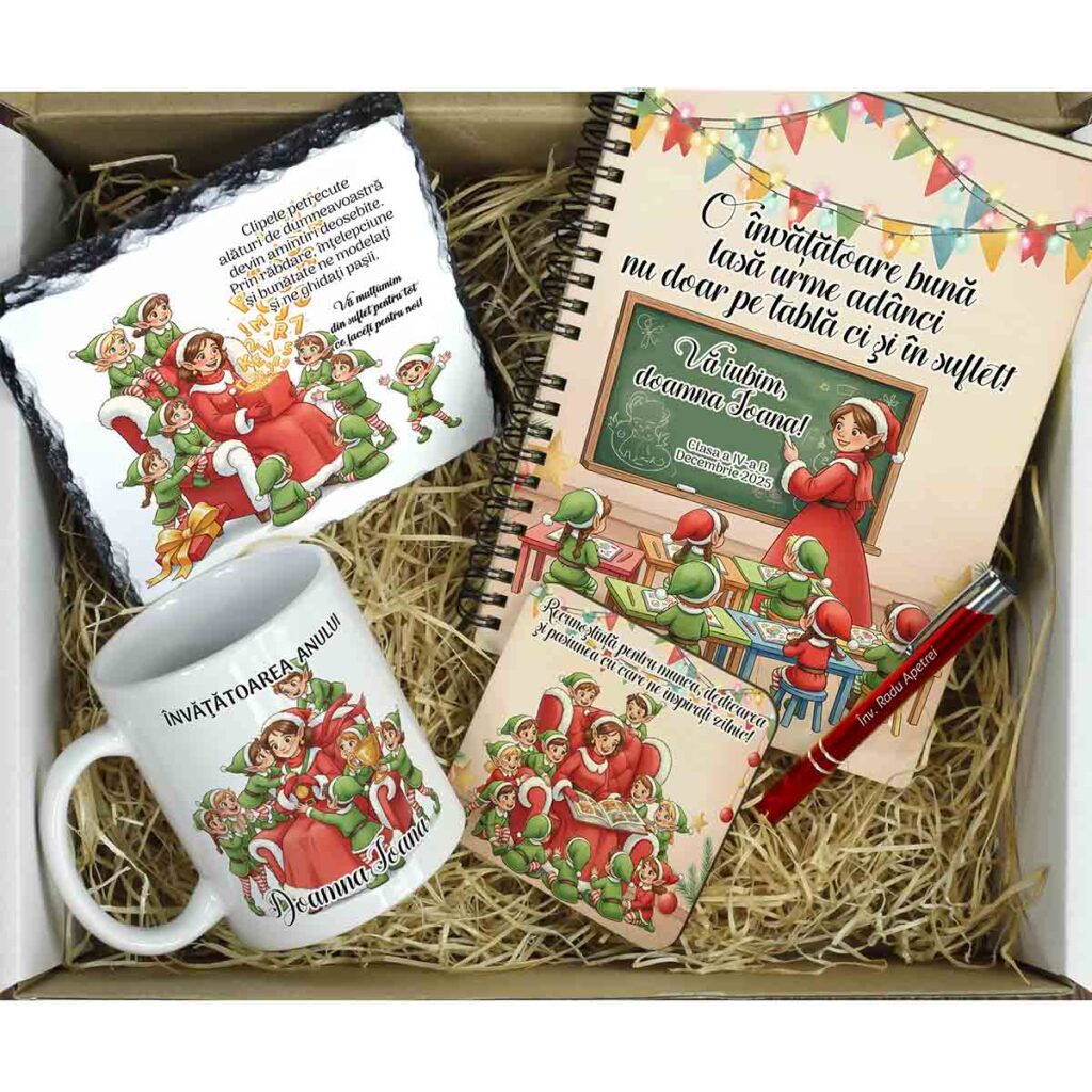 Set de Crăciun pentru învățătoare cu agendă, pix, ardezie, cană și suport personalizate – cadou din partea copiilor și părinților