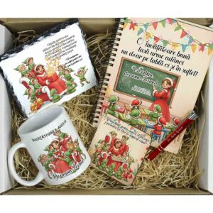 Set de Crăciun pentru învățătoare cu agendă, pix, ardezie, cană și suport personalizate – cadou din partea copiilor și părinților