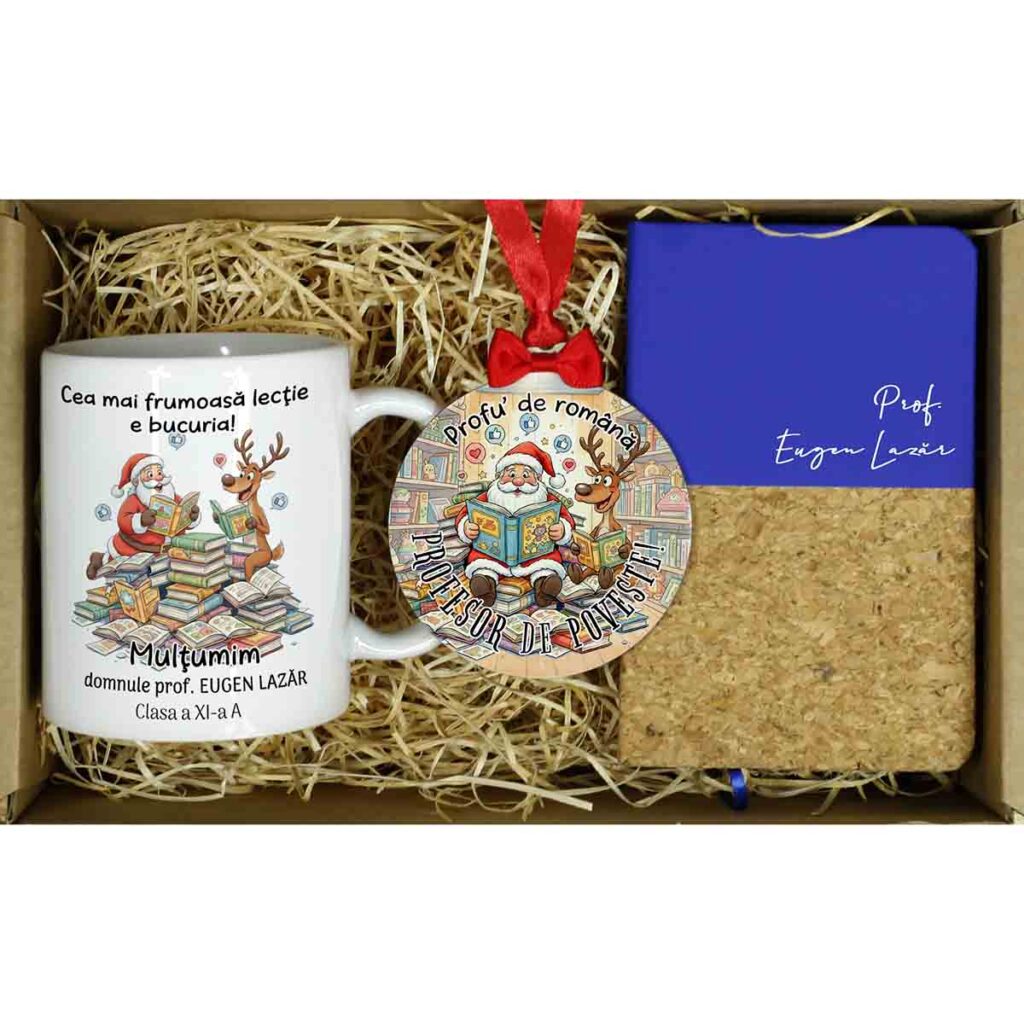 Set cadou de Crăciun pentru profesori – cană, glob din lemn și carnețel A6 personalizate, tematică amuzantă pentru materia Română