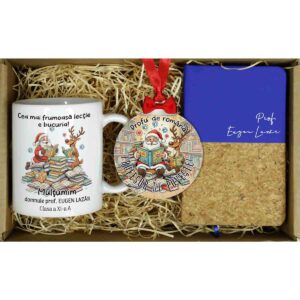 Set cadou de Crăciun pentru profesori – cană, glob din lemn și carnețel A6 personalizate, tematică amuzantă pentru materia Română
