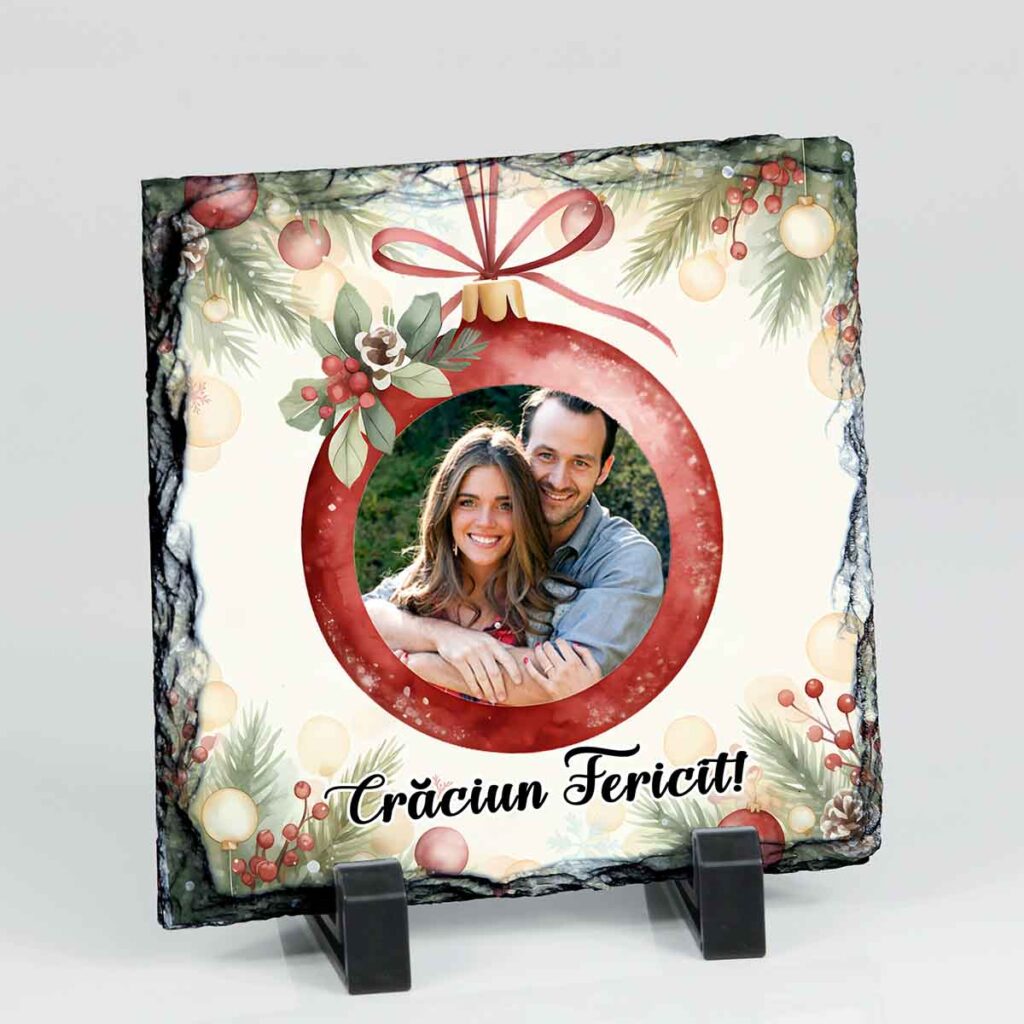 Placă de ardezie pătrată 20x20 cm, personalizată cu fotografie și text, ideală ca un cadou de Crăciun, cu suport inclus
