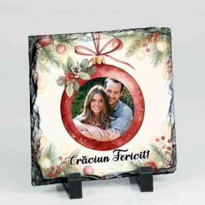 Placă de ardezie pătrată 20x20 cm, personalizată cu fotografie și text, ideală ca un cadou de Crăciun, cu suport inclus