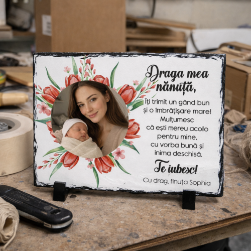 Ardezie foto personalizată dreptunghiulară cu mesaj și fotografie – cadou pentru naşa de botez