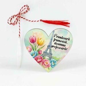 Mărțișor broșă personalizată pentru profesoara de limba franceză, cu șnur de mărțișor și ambalaj