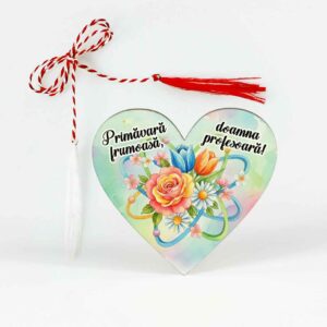Mărțișor în formă de inimă din lemn cu ac de broșă, ambalat cu șnur de mărțișor, cadou pentru profesoara de fizică