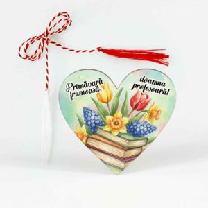 Mărțișor inimă din lemn cu ac de broșă și șnur tradițional, cadou pentru profesoară de limba română