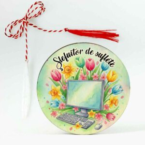 mărțișor din lemn tip broșă pentru profesoară de informatică cu șnur de mărțișor