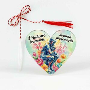 Mărțișor personalizat pentru profesoară de filosofie, cu tematică educativă, șnur tradițional și ac de broșă, ambalat pentru cadou