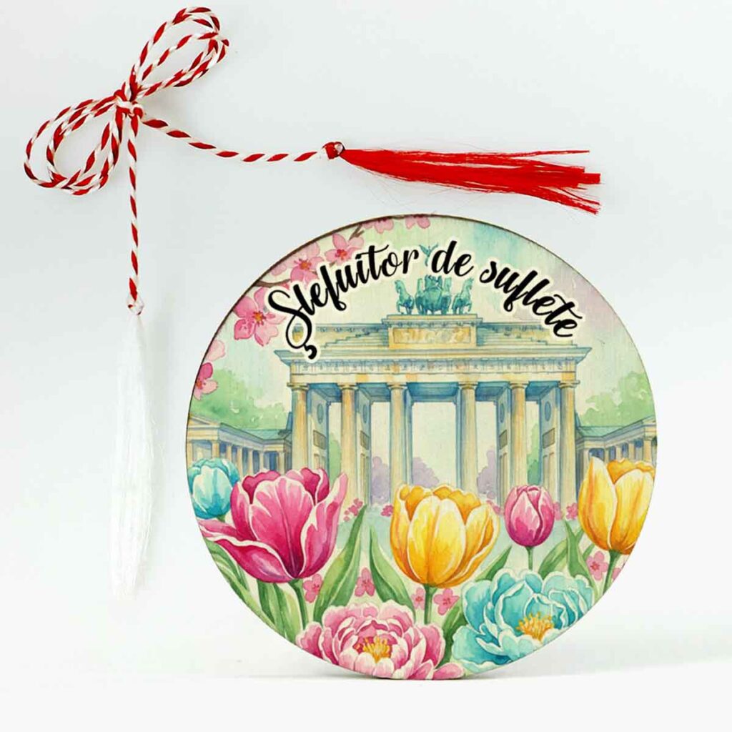 Mărțișor personalizat din lemn pentru profesoara de limba germană, broșă cu șnur de mărțișor