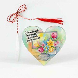 Mărțișor personalizat pentru profesoara de informatică cu șnur de mărțișor și ac de broșă, ambalat individual