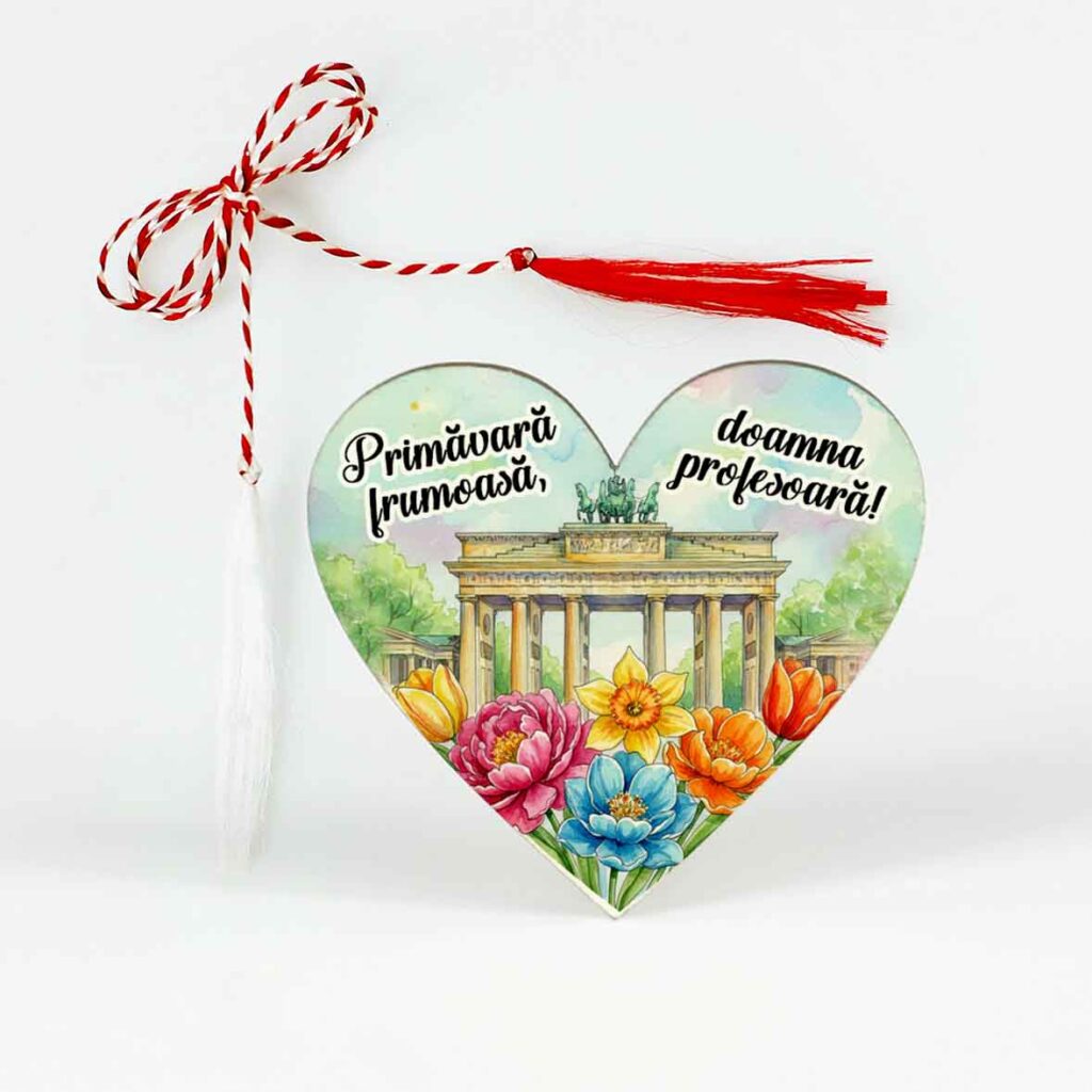 Mărțișor personalizat pentru profesoara de limba germană cu șnur tradițional și ac de broșă, ambalat elegant