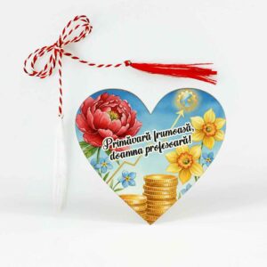 Mărțișor personalizat pentru profesoara de economie, ambalat elegant, cu șnur de mărțișor și ac de broșă