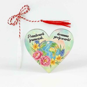 Mărțișor personalizat pentru profesoara de geografie, ambalat, cu șnur tradițional și ac de broșă