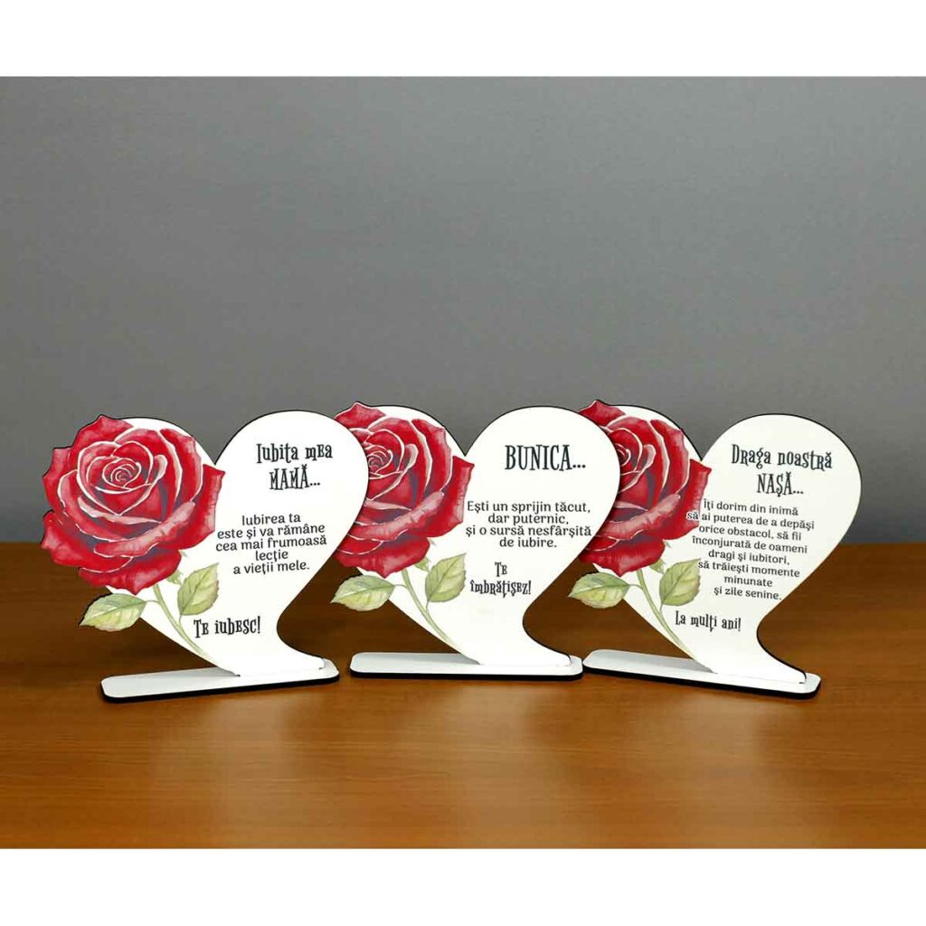 Inimă din MDF cadou special cu mesaj emoțional, design elegant și trandafir decorativ