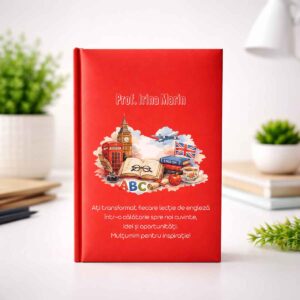 Agendă personalizată profesoara de engleză cu nume și mesaj, copertă elegantă roșie, cadou premium Dedaruit
