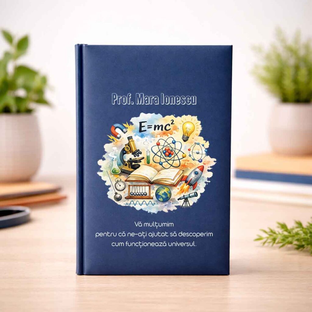 Agendă personalizată pentru profesoară de fizică cu nume și mesaj, design educațional și copertă elegantă