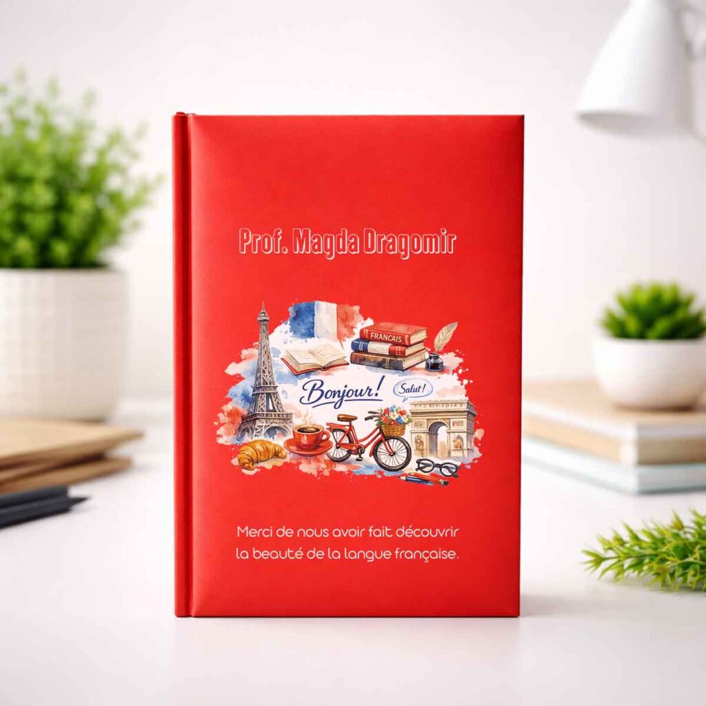 Agendă personalizată pentru profesoara de franceză roșie cu design Paris și mesaj Bonjour
