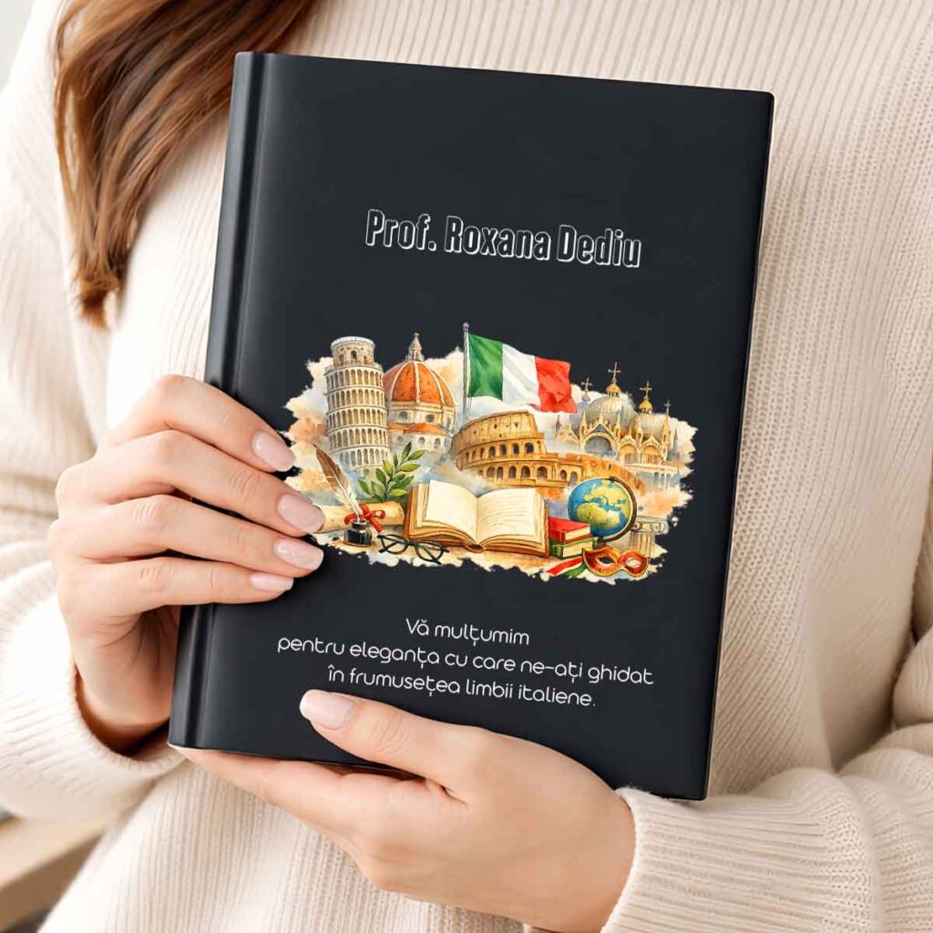 Agenda personalizata pentru profesoara de italiana cu nume si mesaj cadou elegant Dedaruit
