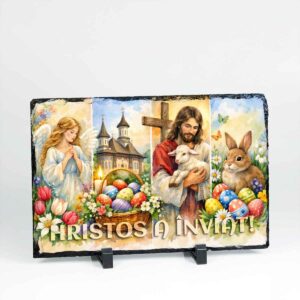 Ardezie decorativa Hristos a Inviat cu scene pascale si suport – decor religios Paste de la Dedaruit