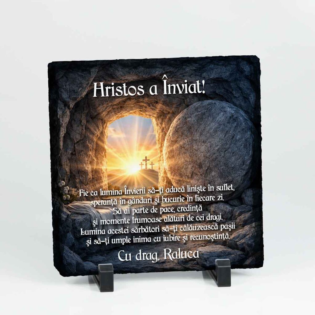 Ardezie personalizată Hristos a Înviat cadou creștin de Paște cu suport pentru expunere disponibilă în dimensiuni 20x20 și 30x30 cm