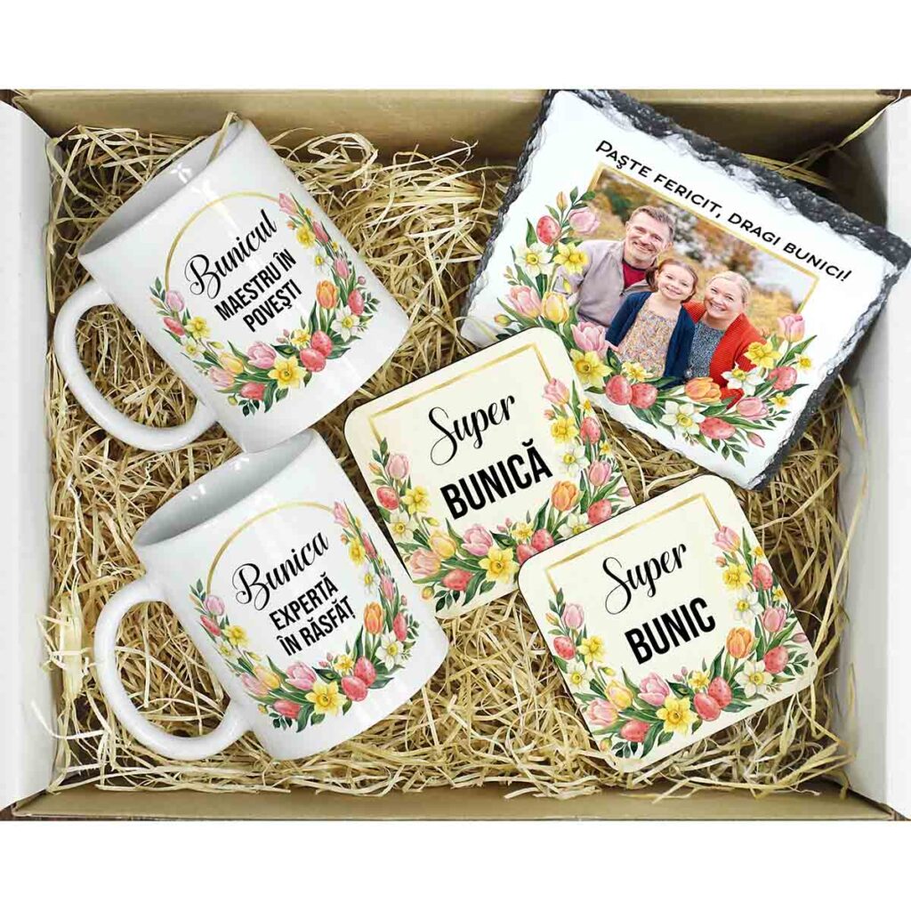 Cadou personalizat pentru bunici de Paște cu 2 căni personalizate, ardezie foto și suporturi MDF – set Dedaruit