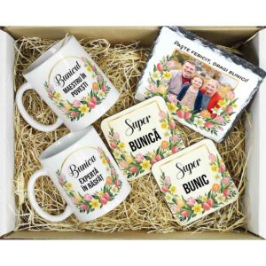Cadou personalizat pentru bunici de Paște cu 2 căni personalizate, ardezie foto și suporturi MDF – set Dedaruit
